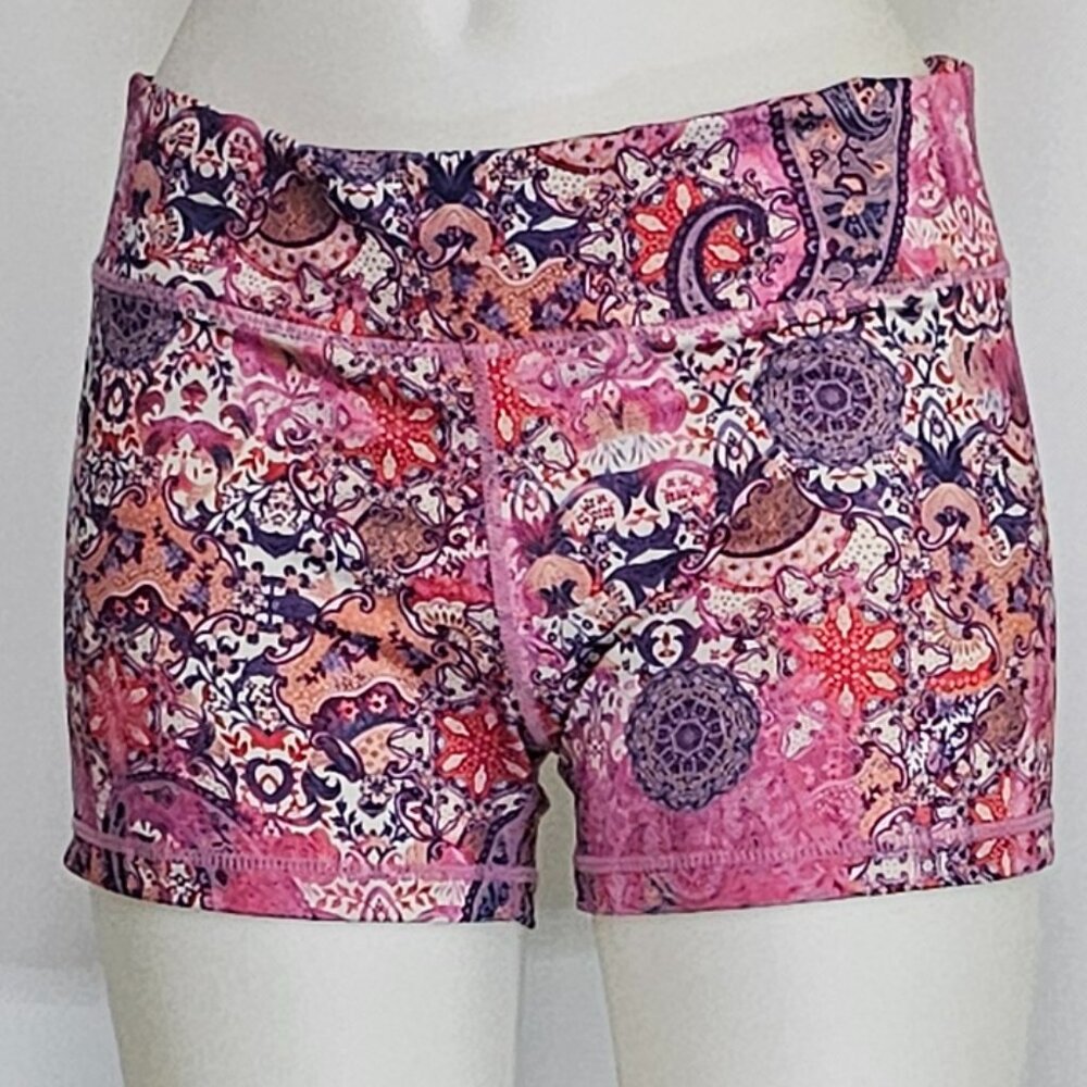 Mandala Pink Boho Print Workout Shorts – High Waist, Stretch Fit, Festival or Fi